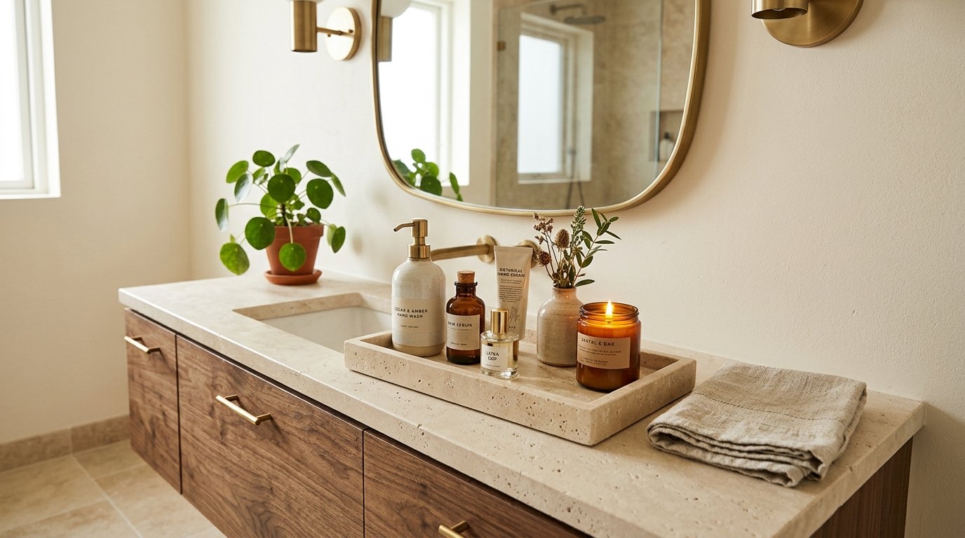Stone vanity tray neatly organizing amber apothecary bottles, a scented candle, a tiny floral vase, and a folded hand towel