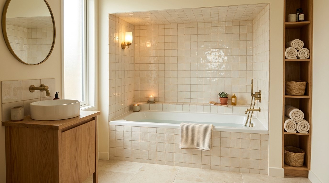 Cozy built-in bathtub nook enveloped in glossy square zellige tiles with built-in vertical towel storage shelving