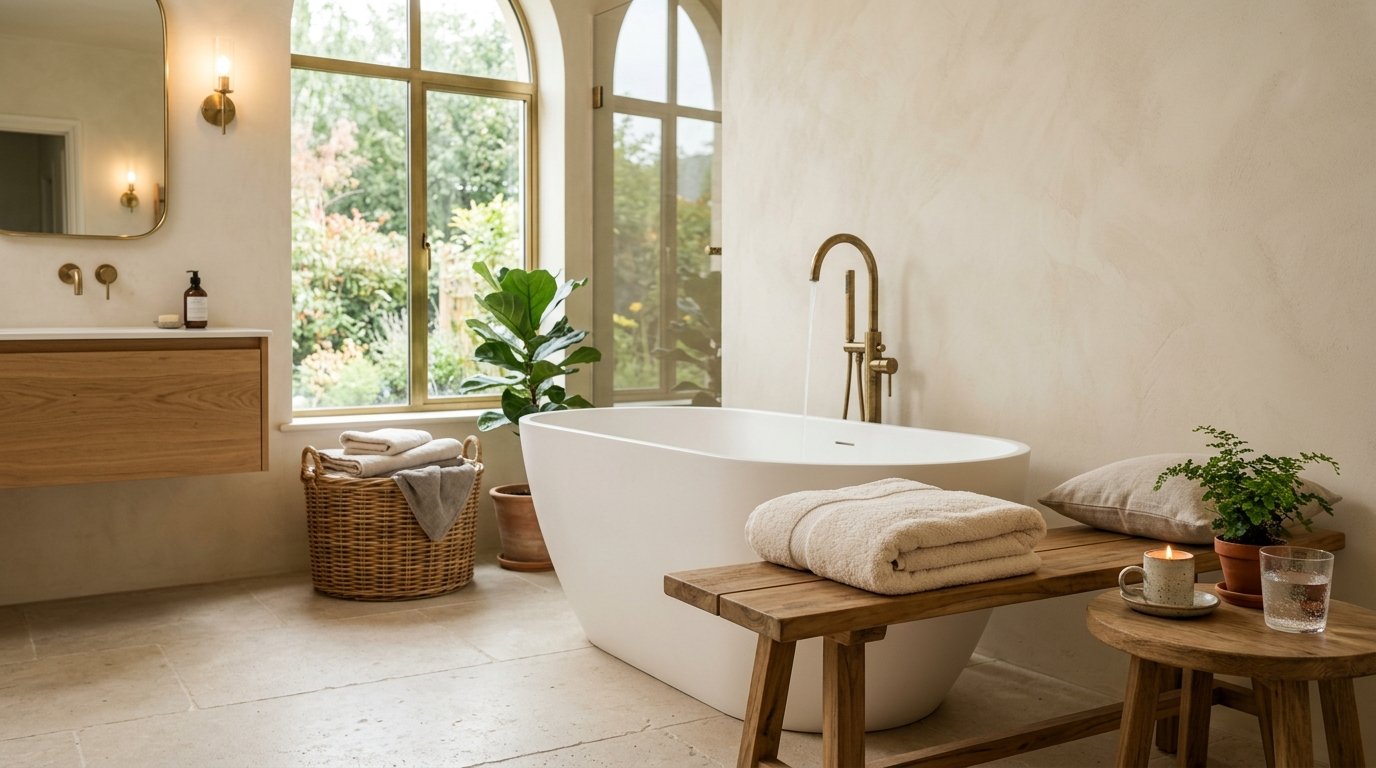 Spacious bathroom layout featuring an upholstered accent armchair positioned alongside a freestanding oval soaking tub
