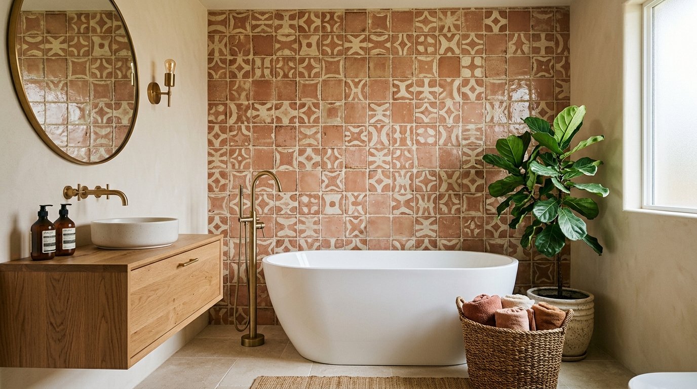Freestanding white bathtub backed by a striking floor-to-ceiling feature wall of patterned warm terracotta ceramic tiles