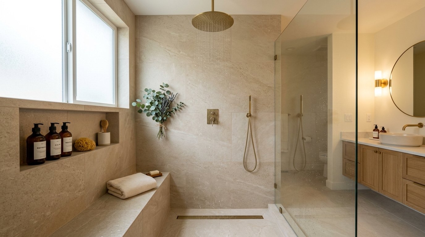 Walk-in shower featuring an oversized brass rainfall showerhead, warm stone tile, and a built-in bench