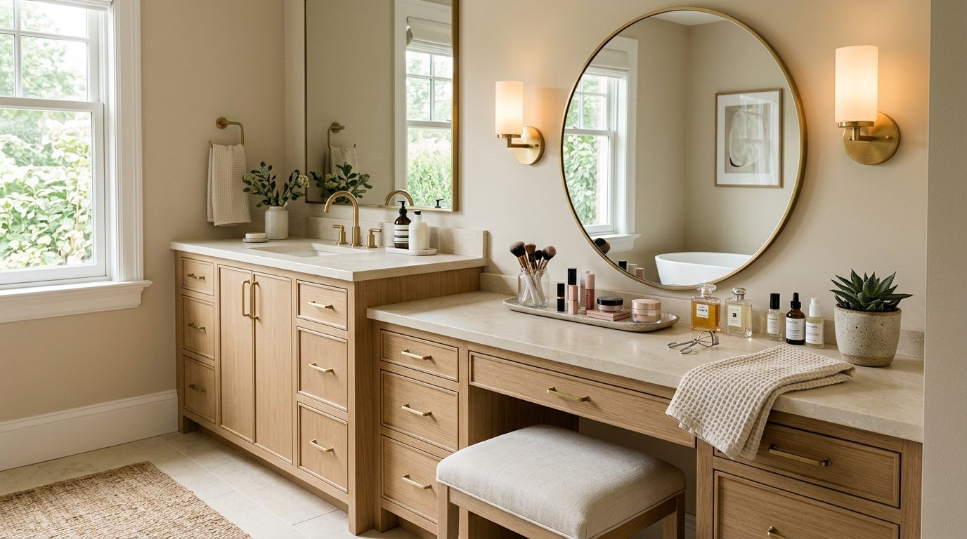 Custom light oak bathroom vanity featuring a lower seated makeup desk, upholstered vanity stool, and round mirror