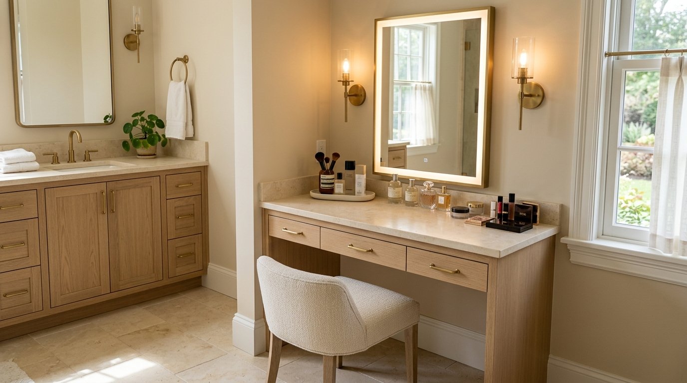 Custom light oak bathroom makeup vanity with seated desk space, upholstered stool, and an illuminated vanity mirror