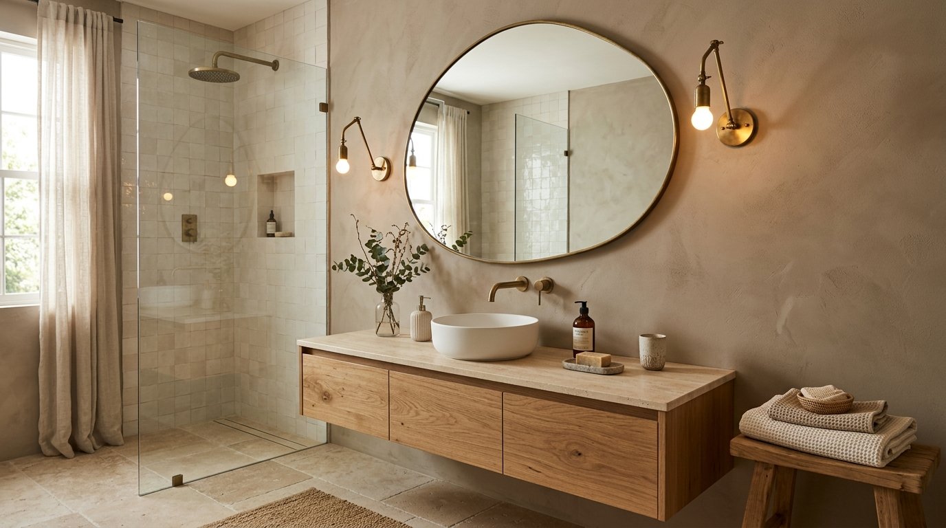 Large asymmetrical organic-shaped brass mirror mounted above a floating wood vanity with adjustable brass sconces