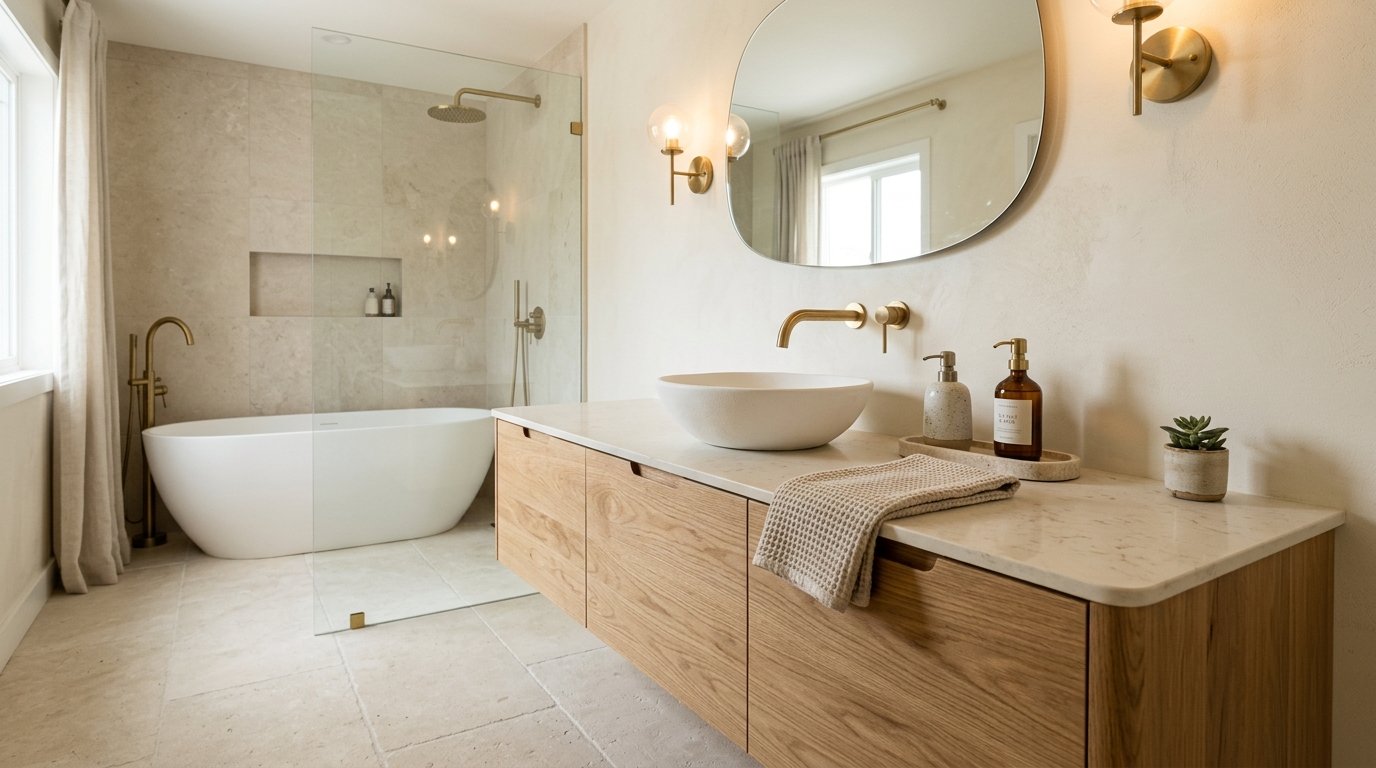 Detail of a curved oak vanity accented with warm brushed brass drawer pulls and a sleek brass wall-mounted faucet