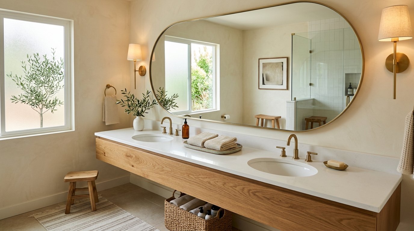 Double vanity wall centered by an extra-wide thin-framed brass stadium oval mirror