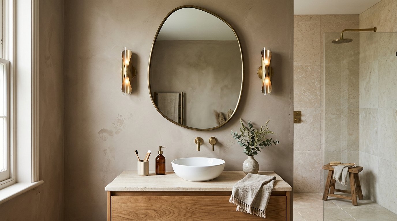 Large asymmetrical organic brass-framed mirror mounted above an oak vanity flanked by glowing fluted sconces
