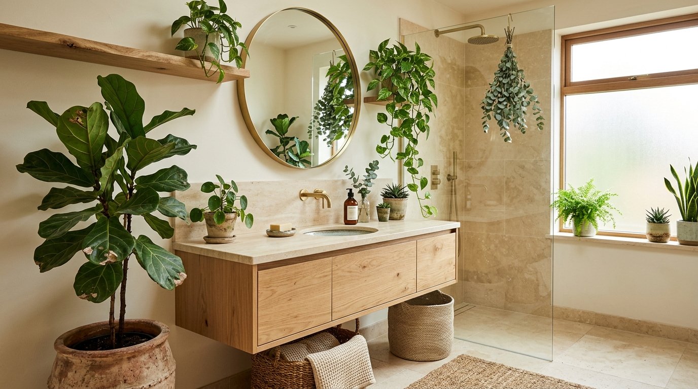 Lush bathroom filled with greenery including a large potted tree, trailing pothos, and a hanging eucalyptus shower bundle