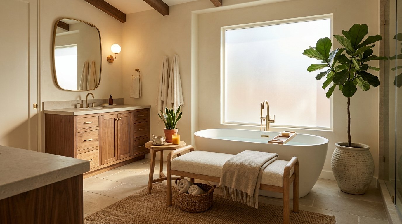 Spacious bathroom layout featuring an upholstered wooden accent bench positioned alongside an oval freestanding tub