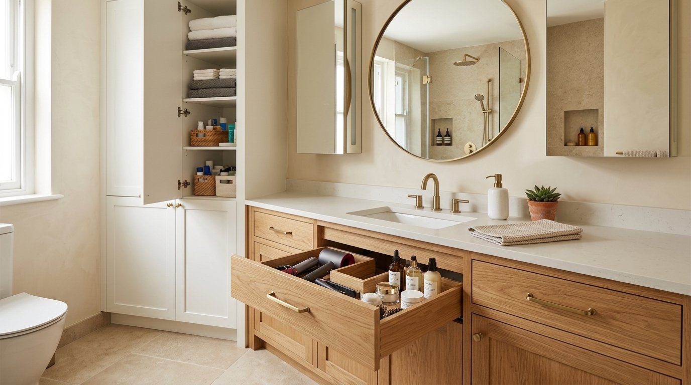 Oak bathroom vanity showing deep pull-out drawers equipped with built-in hair styling tool organizers and product compartments