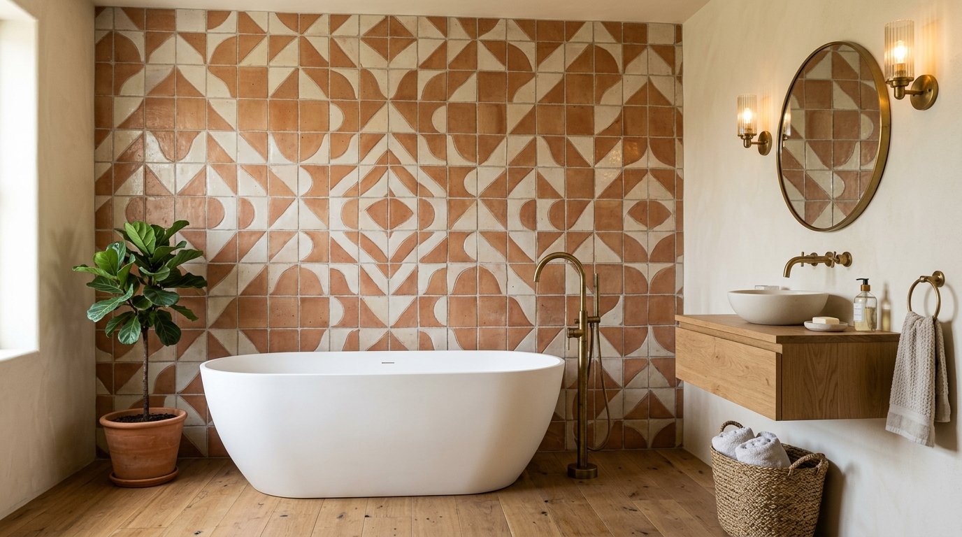 Freestanding bathtub set against an eye-catching geometric terracotta patterned ceramic tile feature wall