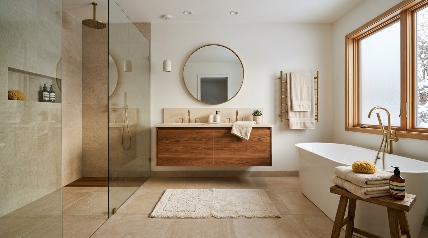 Bright bathroom featuring heated beige tile flooring, a freestanding bathtub, brass towel warmer, and floating vanity