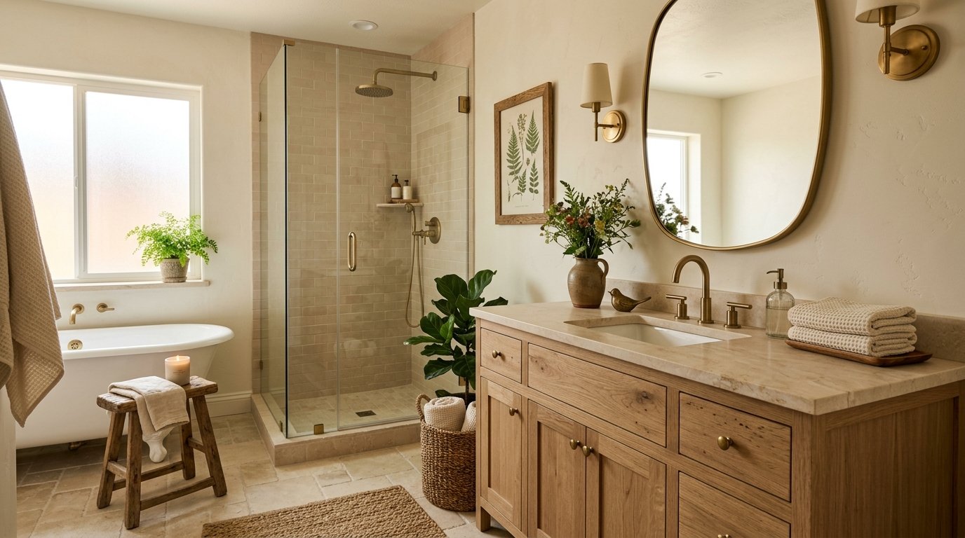 Warm oak vanity personalized with a small ceramic bird figurine, wild garden florals in a vase, and framed fern artwork