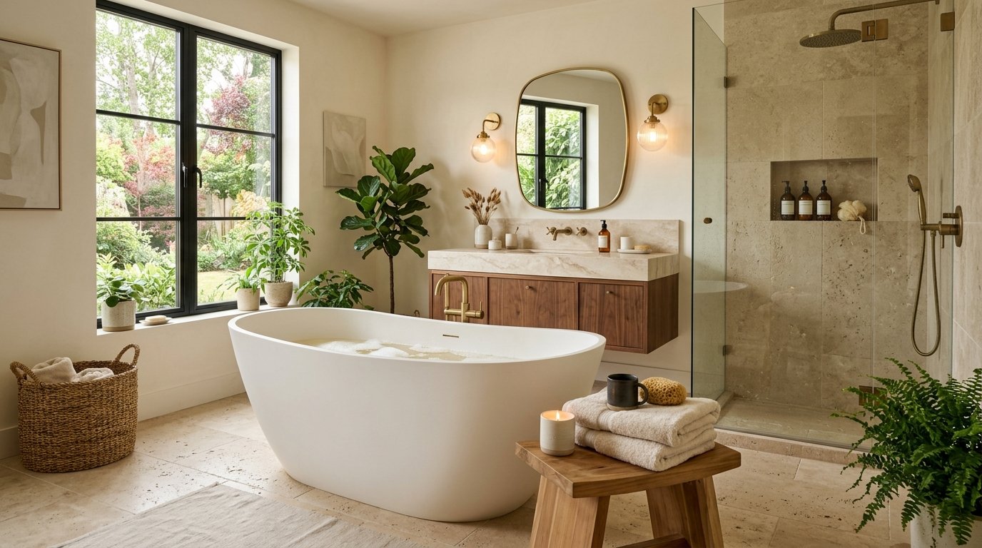 Tranquil bathroom relaxation retreat featuring an oval bathtub next to large garden windows, a wooden stool, and candlelight