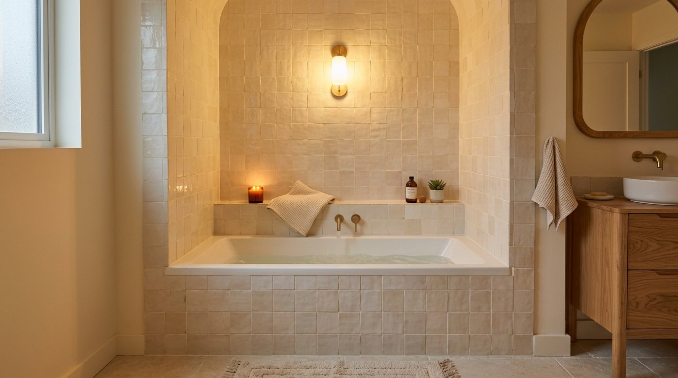Cozy arched soaking tub alcove wrapped in warm square zellige tiles with soft sconce lighting and candles