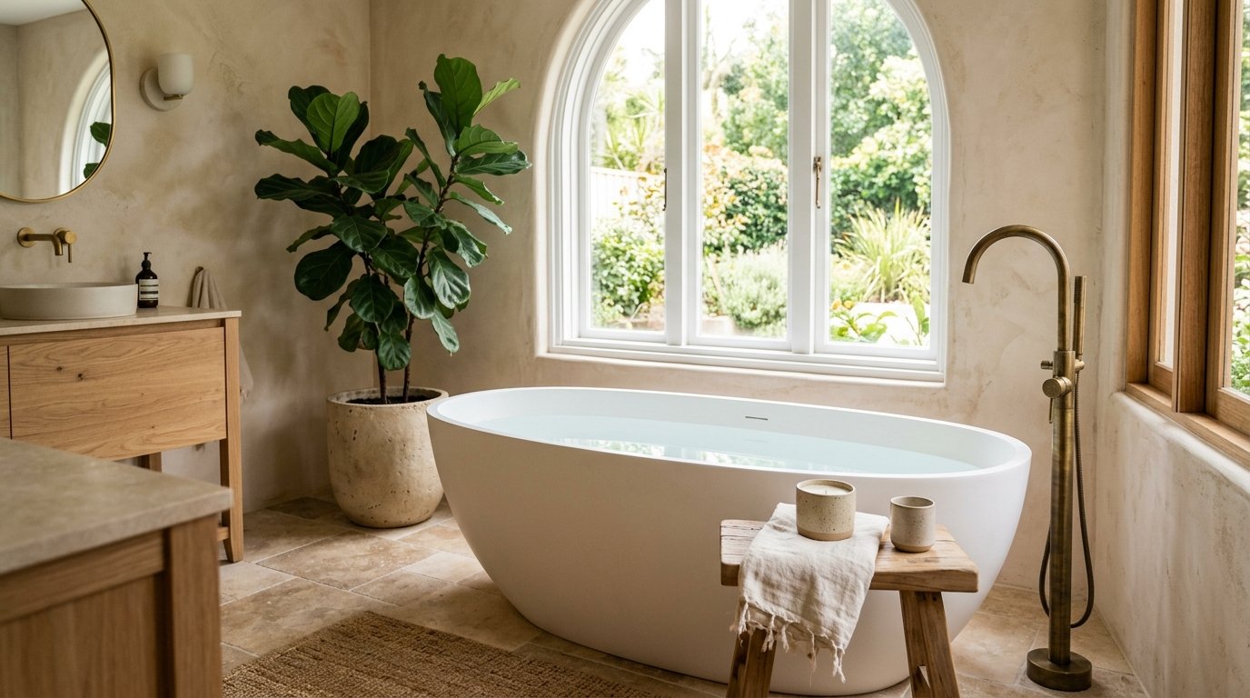 Sculptural white oval freestanding soaking tub set beneath an arched garden window beside a tall potted fiddle leaf fig