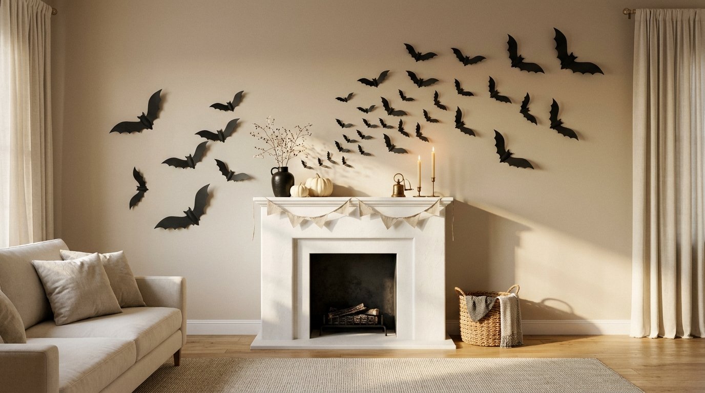 White fireplace mantel with dimensional black paper bats swarming across the wall toward the ceiling above a neutral garland