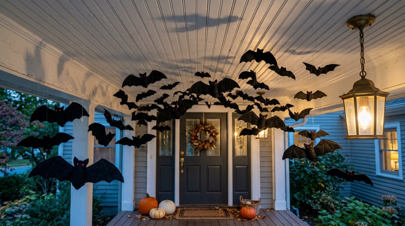 Porch ceiling filled with dozens of black 3D bats suspended at different heights swooping toward the entryway