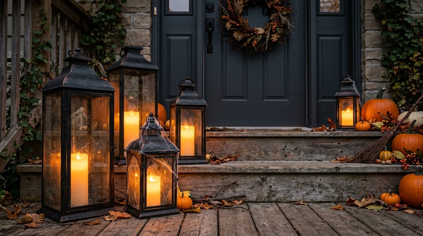 Cluster of vintage black metal lanterns holding glowing pillar candles arranged on rustic porch steps with cobwebs