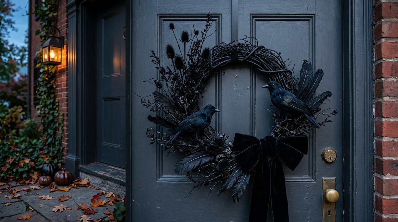 Front door decorated with a gothic twig wreath adorned with black feathers, dried thistles, black crows, and a velvet bow