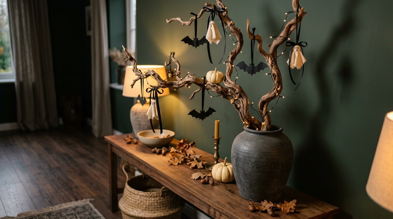 Large natural branch in a rustic vase wrapped in fairy lights and decorated with hanging paper bats and mini cloth ghosts
