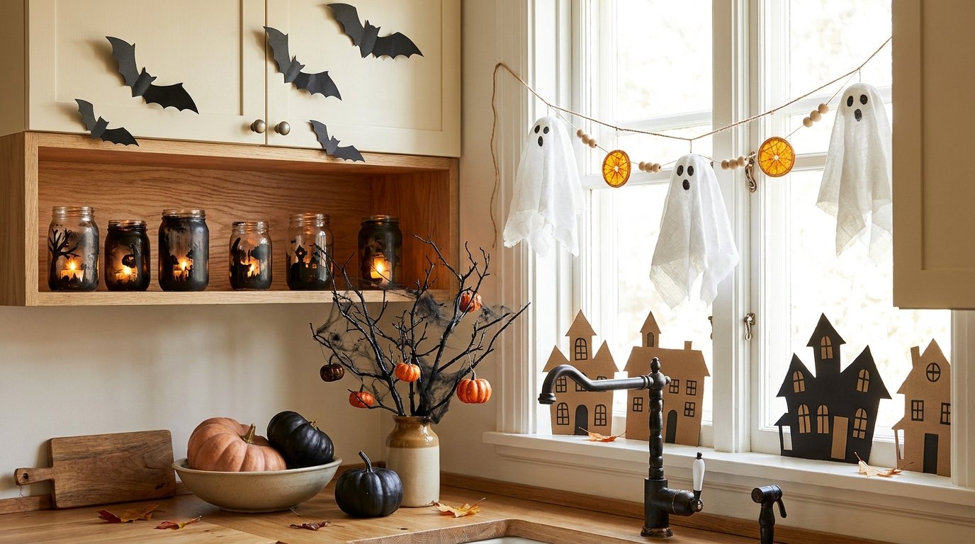 Budget-friendly kitchen window display featuring a DIY paper ghost garland, cut cardstock haunted houses, and painted jar lanterns
