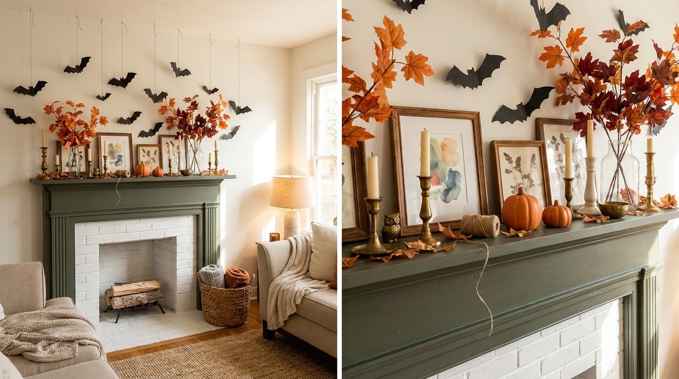 Affordable DIY Halloween mantel styled with paper bats hanging from threads, thrifted brass candlesticks, and grocery pumpkins