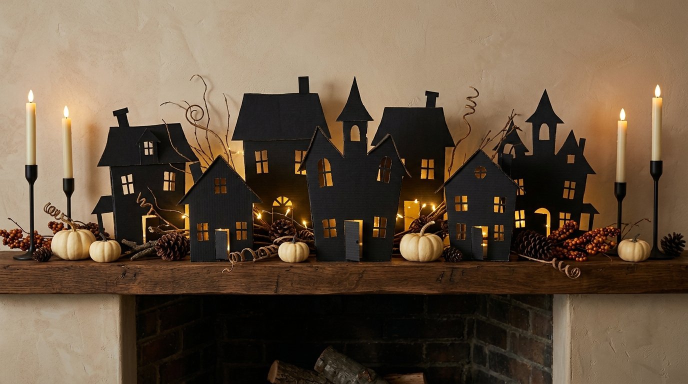 Fireplace mantel decorated with a village of black cardboard haunted house cutouts backlit with warm fairy lights