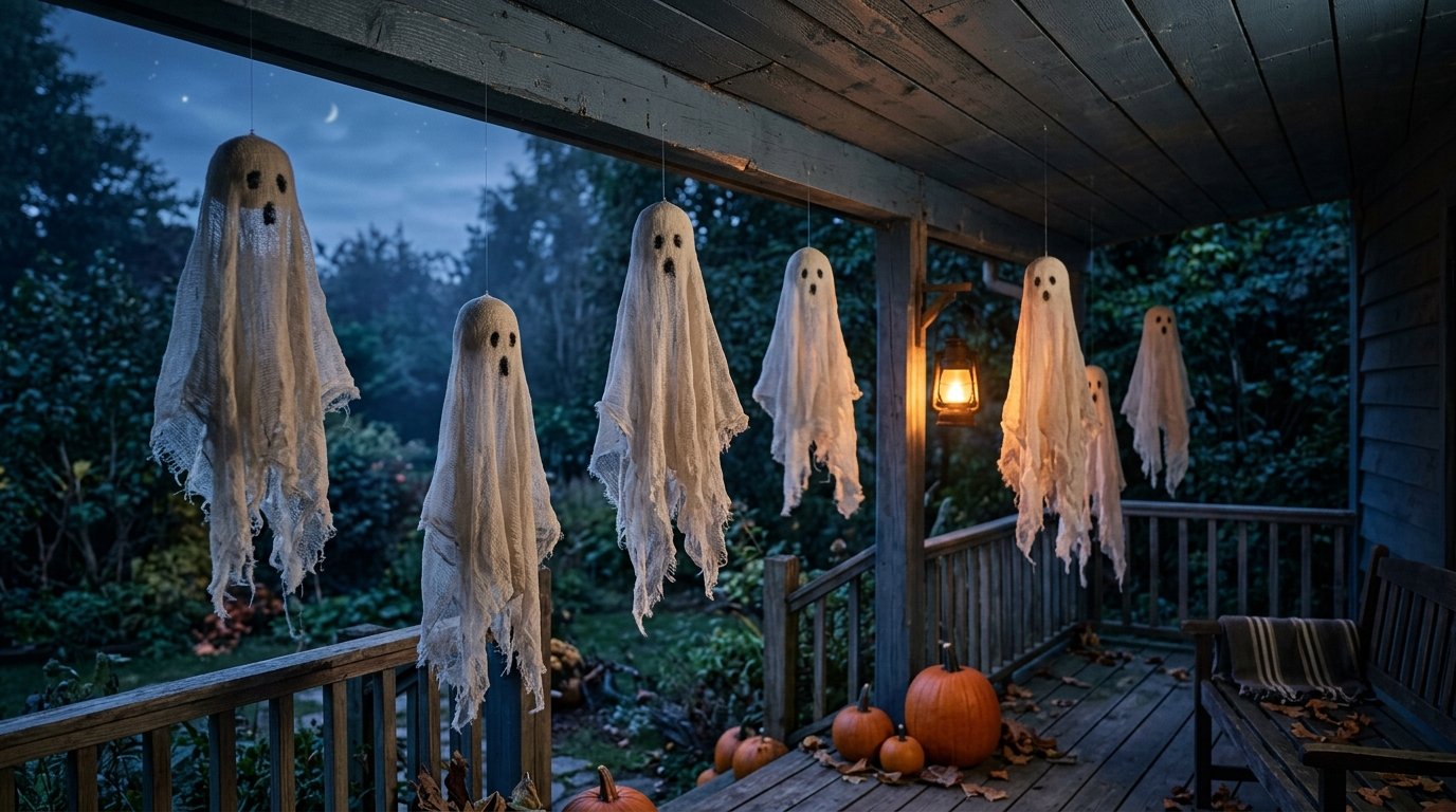 Eerie handmade cheesecloth ghosts suspended at varying heights from a porch ceiling swaying in the night breeze