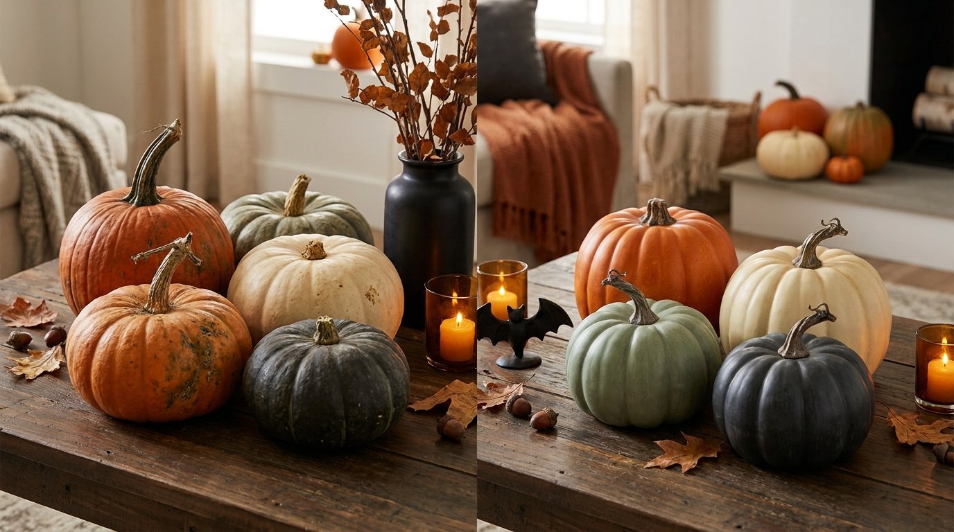 Wooden coffee table displaying a side-by-side comparison of natural textured heirloom pumpkins next to realistic craft faux pumpkins
