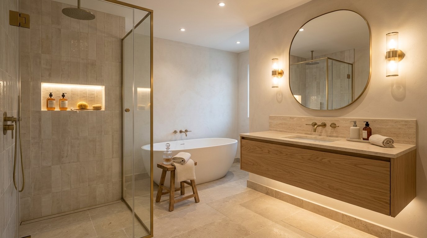 Contemporary bathroom illuminated by layered warm lighting including under-vanity LEDs and an illuminated shower niche