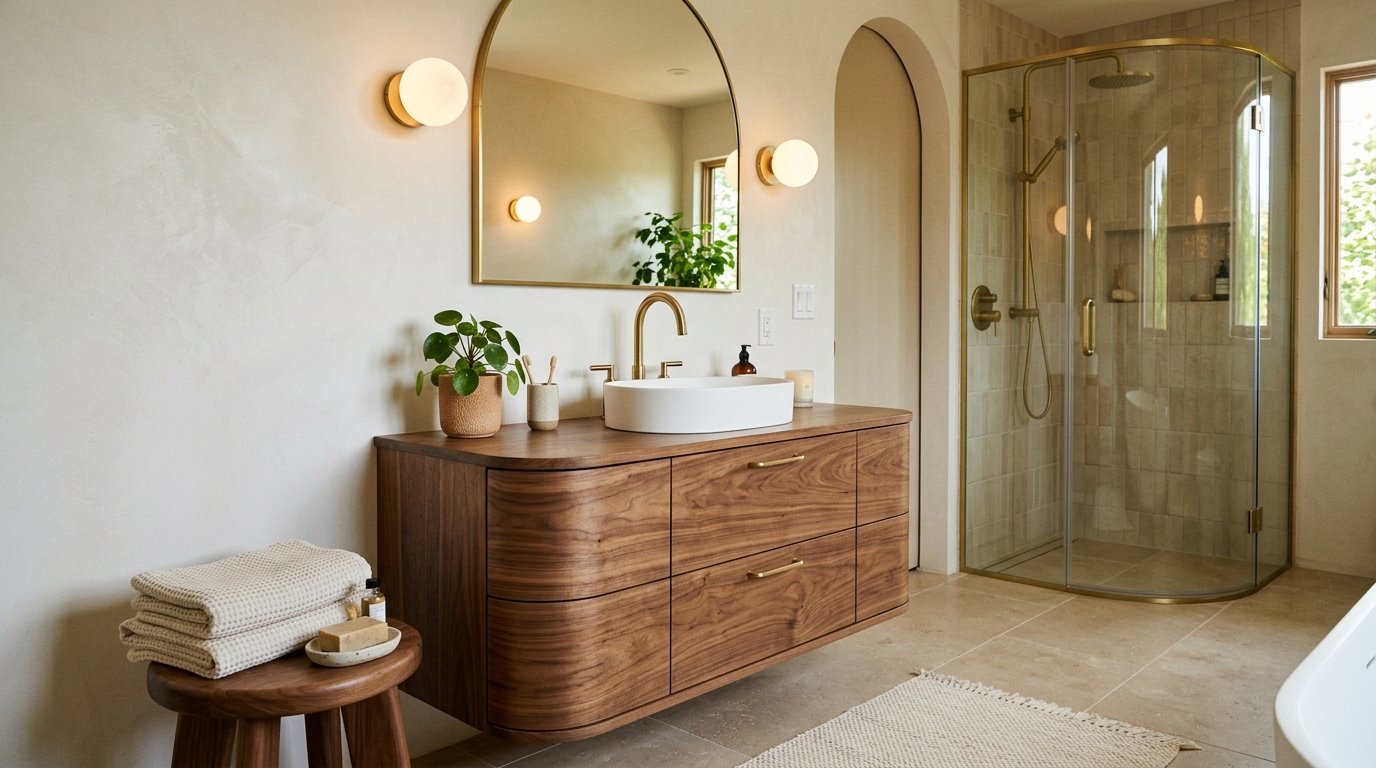 Contemporary bathroom vanity crafted with soft rounded fluted corners and warm walnut wood grain