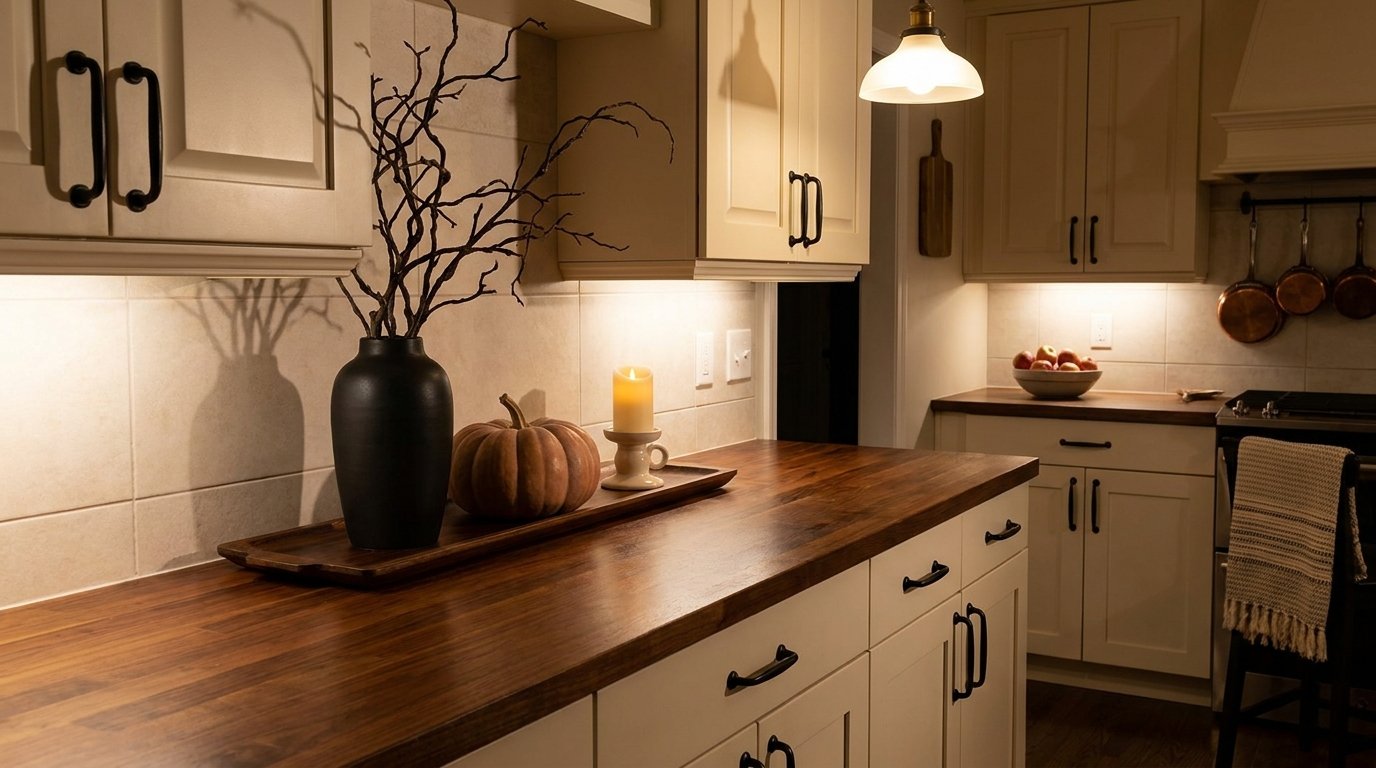 Slender wooden counter tray pushed against the backsplash holding a black branch vase, single pumpkin, and candle