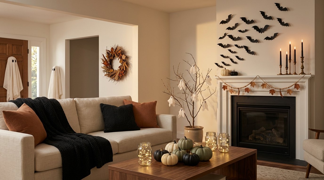 Warm autumnal living room completed with homemade bat wall art, hanging cheesecloth ghosts, and glowing jar lanterns