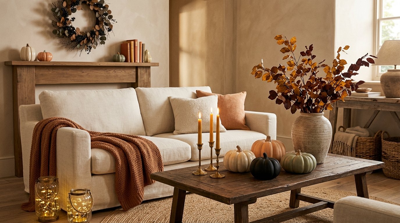 Warm, cozy autumn living room glowing with candlelight, textured throws, and an understated assortment of pumpkins