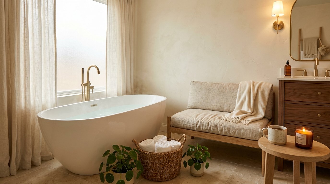 Inviting bathroom corner featuring a freestanding tub, cushioned bench, woven basket, and a side table with coffee and a candle