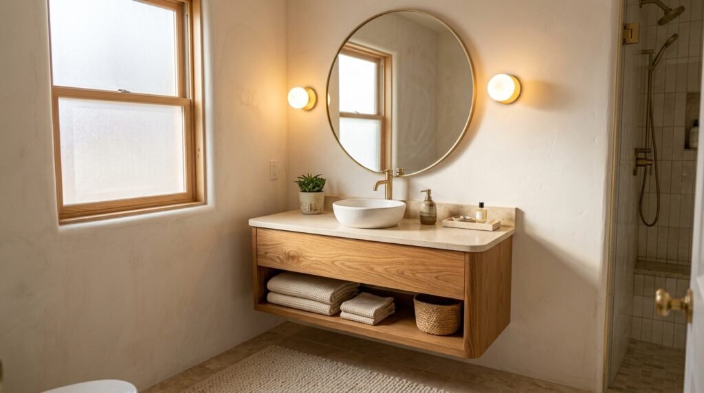 Warm neutral bathroom featuring an elegant round brass-framed mirror centered above a light wood floating vanity