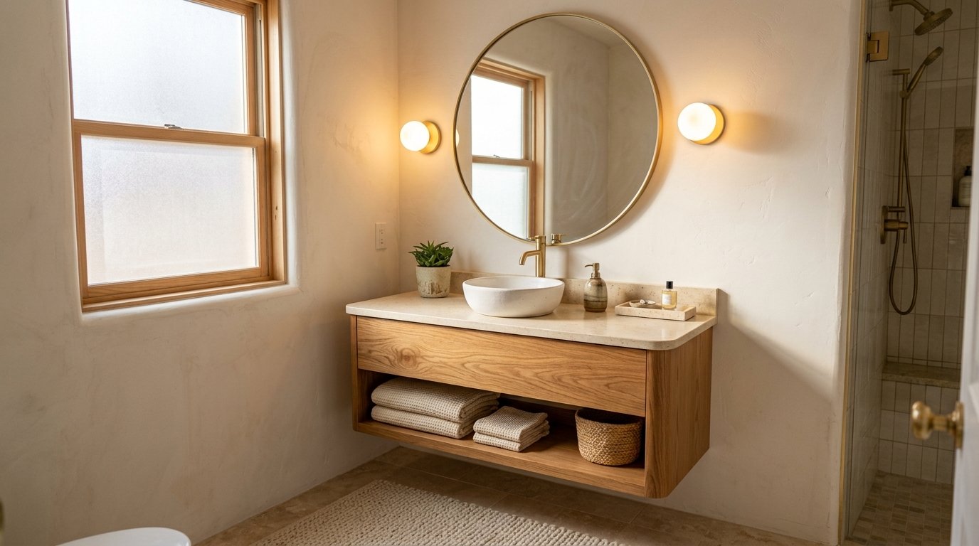 Warm neutral bathroom featuring an elegant round brass-framed mirror centered above a light wood floating vanity