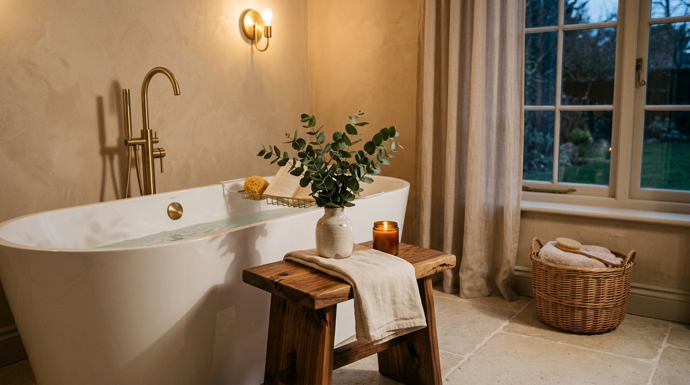 Rustic wooden accent stool resting next to a white soaking tub holding a folded linen towel and glowing amber candle