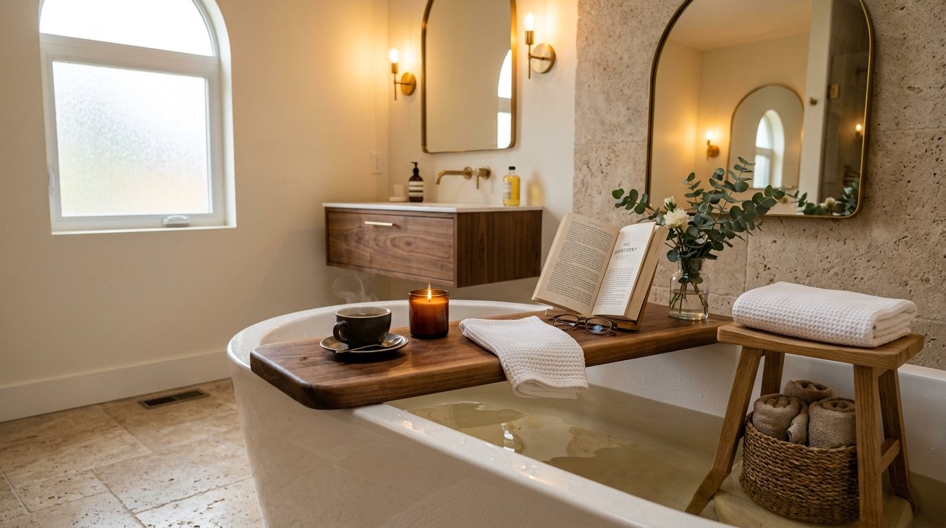 Freestanding bathtub fitted with a rich natural wood bath caddy holding an open book, mug, candle, and fresh towel