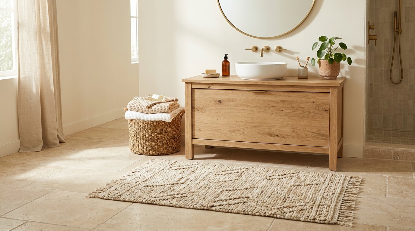 Cozy bathroom highlighting a thick woven oatmeal runner bath mat with geometric tufted textures and fringed edges