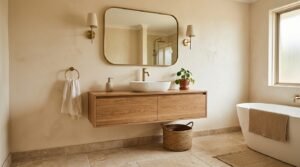 Warm neutral bathroom with creamy plaster walls, a floating oak vanity, and a freestanding oval bathtub
