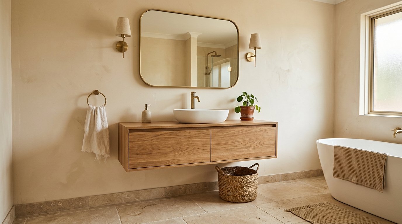 Warm neutral bathroom with creamy plaster walls, a floating oak vanity, and a freestanding oval bathtub