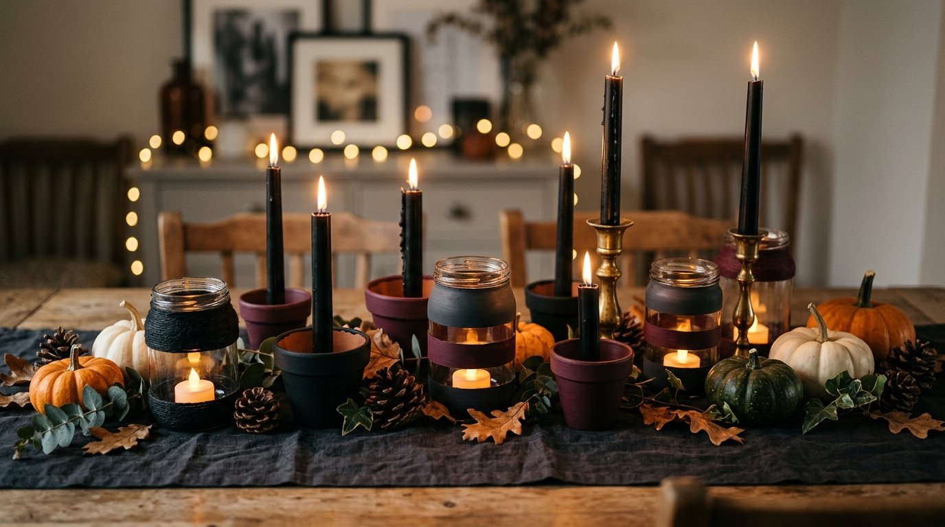 Dining table runner styled with painted black and burgundy terracotta pots and jars used as candle holders with black taper candles