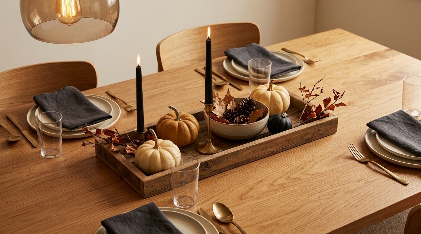 Low wooden tray centerpiece on a dining table filled with mini pumpkins, pinecones, dried leaves, and black taper candles