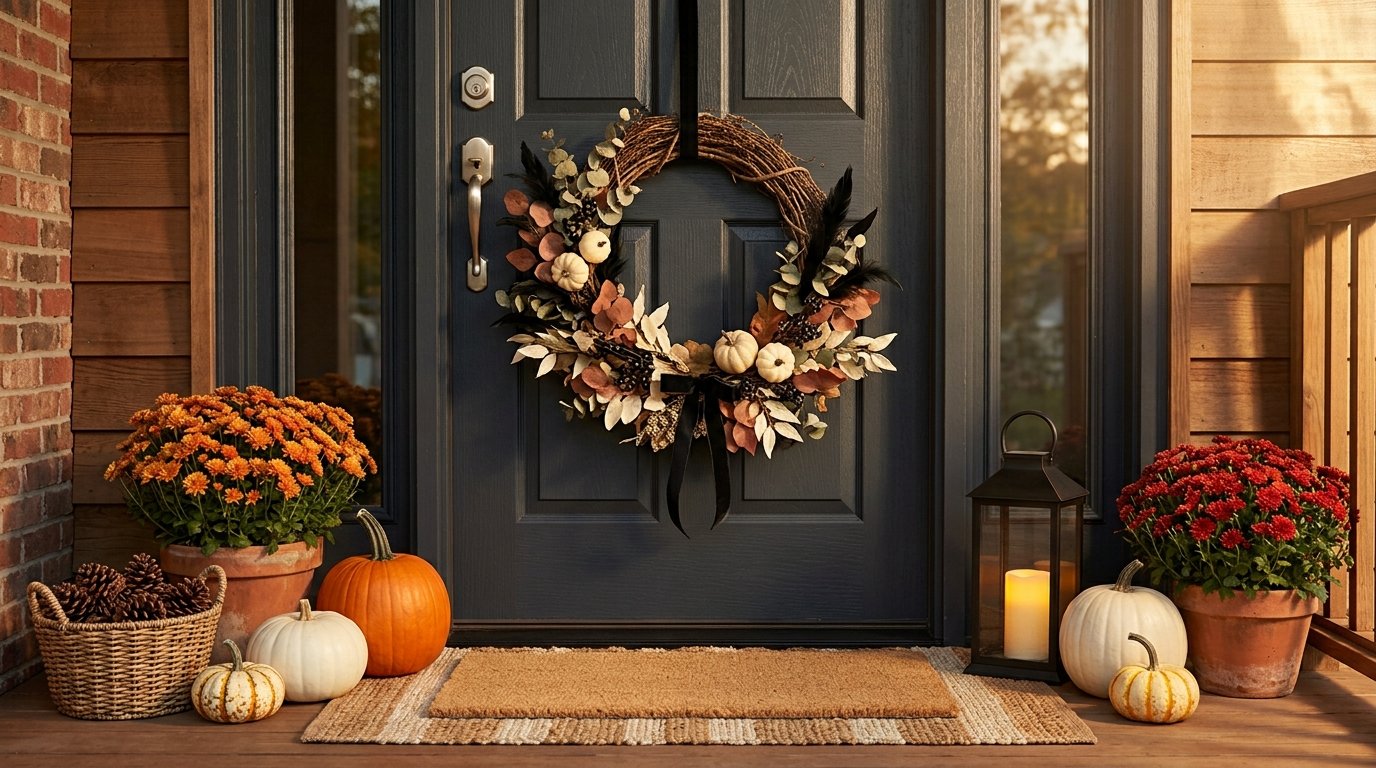 Handcrafted autumn Halloween wreath made of grapevine, dried eucalyptus leaves, mini white pumpkins, and black feathers hung on a front door