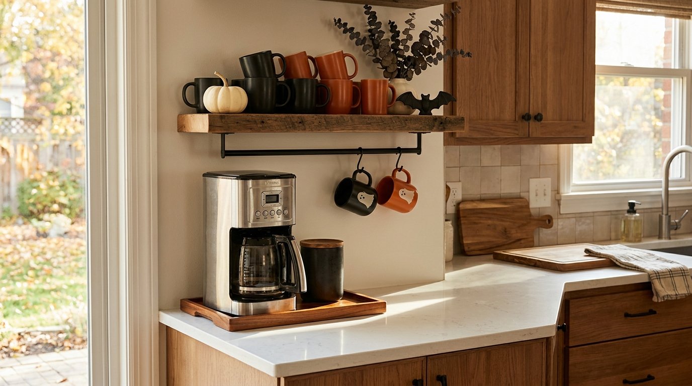 Compact kitchen coffee corner with a wooden floating mug shelf displaying black, orange, and ghost ceramic mugs