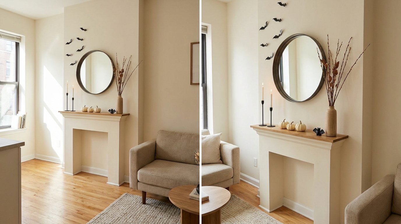 Small apartment fireplace mantel decorated minimally with a round mirror, small bat wall decals, slim candles, and mini pumpkins