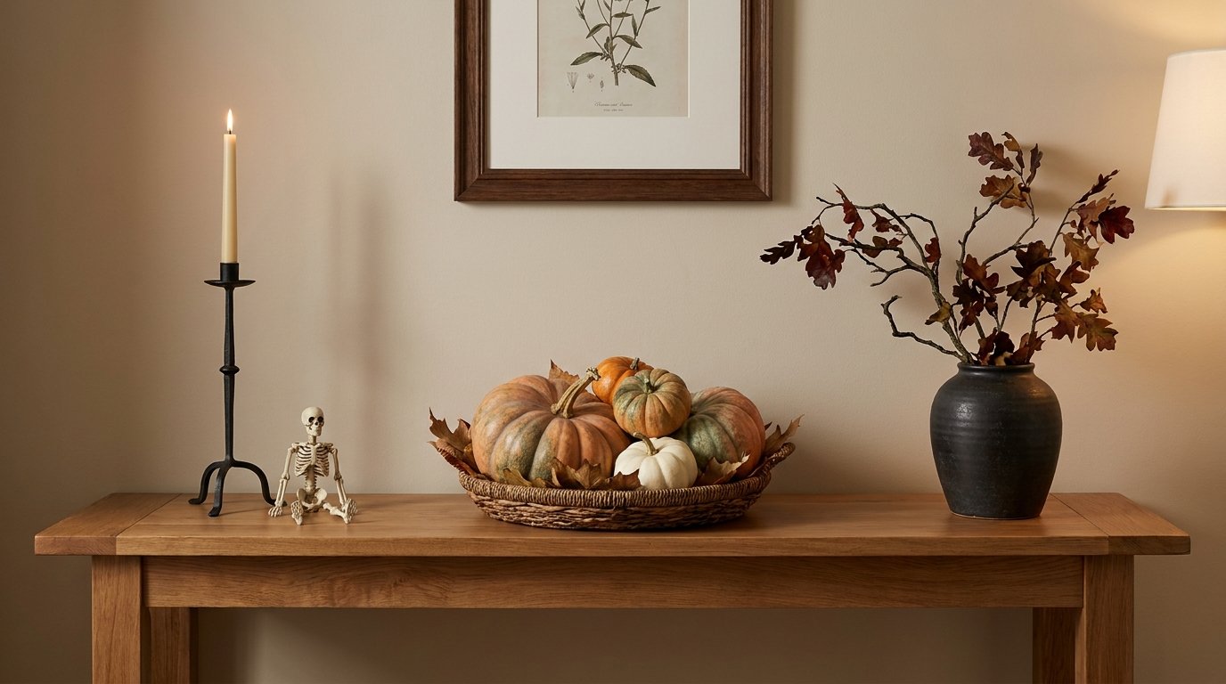 Clutter-free entryway console table styled simply with a single basket of pumpkins, a black branch vase, a tall taper, and a miniature skeleton