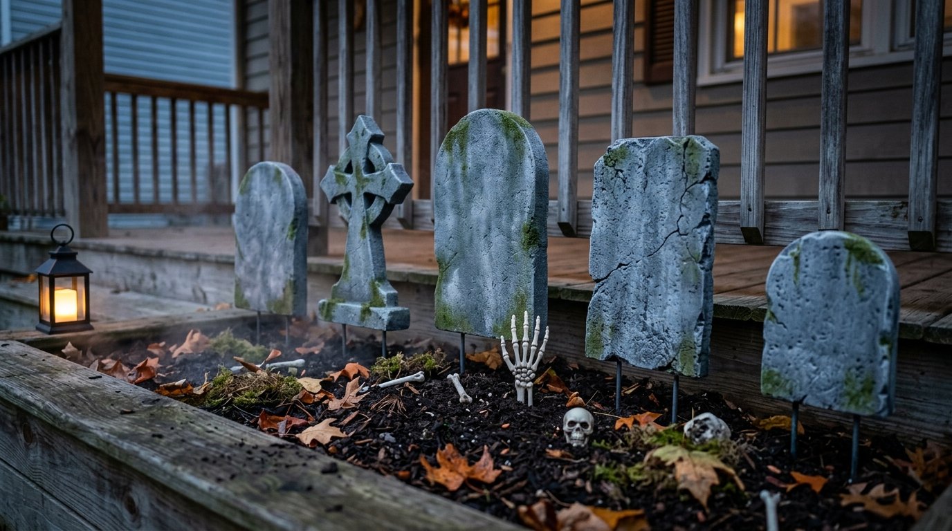 Porch garden bed turned into a spooky mini graveyard with weathered tombstones, faux moss, and skeleton bones